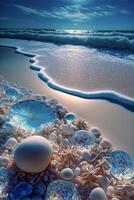 bleu verre bol séance sur Haut de une sablonneux plage. génératif ai. photo