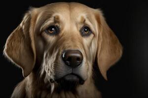 proche en haut de une chiens visage sur une noir Contexte. génératif ai. photo