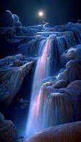 cascade avec une plein lune dans le Contexte. génératif ai. photo