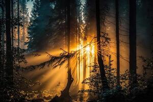 génératif ai illustration de lever du soleil dans le forêt photo