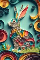 génératif ai illustration de quilling papier art, mignonne bébé lapin comme Pâques lapin séance dans Pâques Oeuf comme Pâques en dessous de arbre, Contexte fond d'écran conception dans Pâques vacances photo
