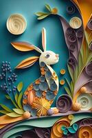 génératif ai illustration de quilling papier art, mignonne bébé lapin comme Pâques lapin séance dans Pâques Oeuf comme Pâques en dessous de arbre, Contexte fond d'écran conception dans Pâques vacances photo