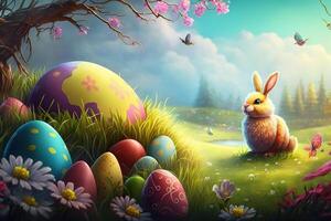 génératif ai illustration de mignonne bébé lapin comme Pâques lapin séance dans Pâques Oeuf comme Pâques en dessous de arbre, Contexte fond d'écran conception photo