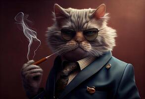 génératif ai illustration de une chat comme une mafia patron fumeur photo