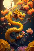 génératif ai illustration de papier Couper artisanat, quilling multi dimensionnel chinois style, zodiaque dragon avec lanternes et Cerise fleurs dans arrière-plan, chinois Nouveau an. photo
