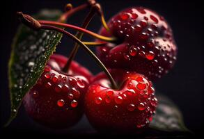 génératif ai illustration de une macro lentille extrême proche en haut de rouge cerises, noir arrière-plan, vignette photo