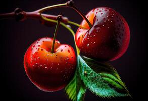 génératif ai illustration de une macro lentille extrême proche en haut de rouge cerises, noir arrière-plan, vignette photo