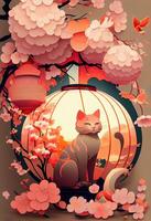 génératif ai illustration de abstrait conception chinois Nouveau année, chats, printemps couleurs, mignonne zodiaque minou chat avec lanternes et Cerise fleurs dans arrière-plan, chinois Nouveau année photo
