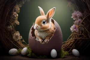 génératif ai illustration de mignonne bébé lapin comme Pâques lapin séance dans Pâques Oeuf comme Pâques en dessous de arbre, Contexte fond d'écran conception photo