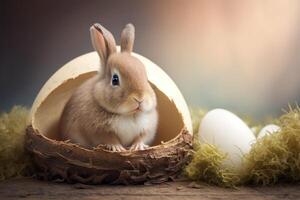 génératif ai illustration de mignonne bébé lapin comme Pâques lapin séance dans Pâques Oeuf comme Pâques en dessous de arbre, Contexte fond d'écran conception photo