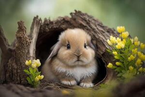 génératif ai illustration de mignonne bébé lapin comme Pâques lapin séance dans Pâques Oeuf comme Pâques en dessous de arbre, Contexte fond d'écran conception photo