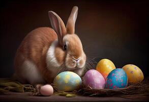 génératif ai illustration de mignonne bébé lapin comme Pâques lapin séance dans Pâques Oeuf comme Pâques en dessous de arbre, Contexte fond d'écran conception photo