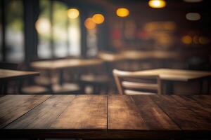 génératif ai illustration de flou Contexte de une café ou restaurant Caractéristiques un vide en bois table photo