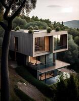 génératif ai illustration de une captivant, un extraordinaire maison dans une colline un orienté vers le côté cabine, placement le modules entre le des arbres écologique, extérieur bois plate-forme avec infini bassin photo