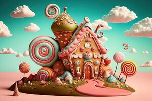 génératif ai illustration de une sucré et magique monde avec bonbons terre paysage et pain d'épice fantaisie maison photo