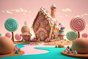 génératif ai illustration de une sucré et magique monde avec bonbons terre paysage et pain d'épice fantaisie maison photo