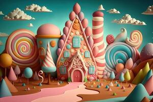 génératif ai illustration de une sucré et magique monde avec bonbons terre paysage et pain d'épice fantaisie maison photo