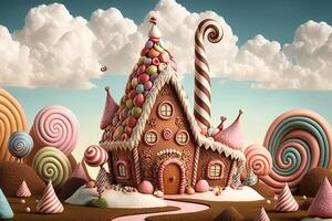 génératif ai illustration de une sucré et magique monde avec bonbons terre paysage et pain d'épice fantaisie maison photo