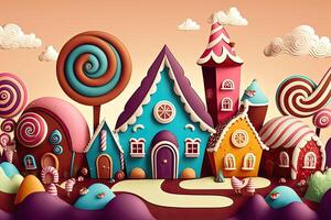 génératif ai illustration de une sucré et magique monde avec bonbons terre paysage et pain d'épice fantaisie maison photo