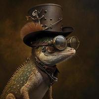 une lézard avec une chapeau et steampunk lunettes, steampunk photo