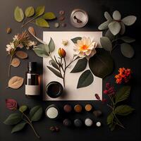 moquer en haut avec bleu produits de beauté distributeurs et crème pot avec du quotidien branches, mousse et feuilles. biologique traitement concept génératif ai photo