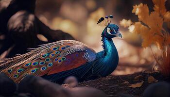 magnifique Masculin Indien paon. fermer de une paon avec propager ailes. génératif ai photo