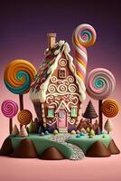 génératif ai illustration de une sucré et magique monde avec bonbons terre paysage et pain d'épice fantaisie maison photo