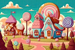 génératif ai illustration de une sucré et magique monde avec bonbons terre paysage et pain d'épice fantaisie maison photo