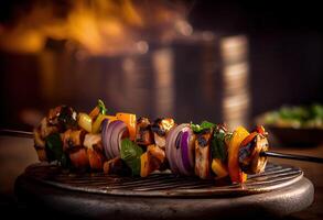 génératif ai illustration de embroché shish kebab, brochettes - grillé Viande brochettes, des légumes sur noir en bois Contexte. Viande brochettes dans une barbecue photo