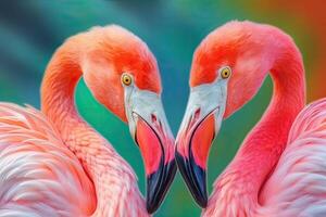 proche en haut portrait de deux flamant oiseau sur pastel coloré Contexte. génératif ai photo