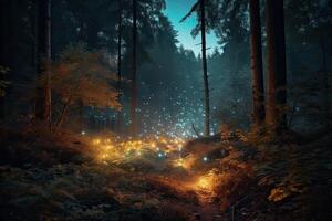 fantaisie magique forêt avec embrasé lumières. génératif ai photo