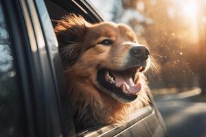 content chien regards en dehors de voiture la fenêtre. route voyage avec chien. génératif ai photo