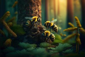 les abeilles dans forêt cinématique image génératif ai photo