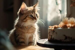 magnifique tigré chaton en train de regarder sur une savoureux gâteau. généré ai. photo