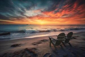 une coloré le coucher du soleil sur une Caraïbes plage avec des nuages, deux plage chaises sur le plage. génératif ai photo