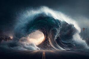 une géant tempête, une tsunami les coups le ville à nuit. génératif ai photo