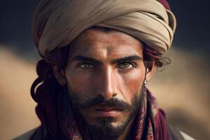 bédouin, portrait de un arabe homme dans une turban. génératif ai photo