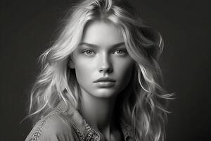 portrait de une à la mode européen fille avec longue blond cheveux. studio lumière. noir et blanc photo. génératif ai photo