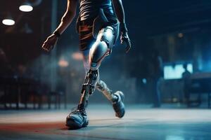homme, athlète avec prothétique jambes sur le des sports rechercher. génératif ai photo