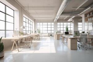 grand Bureau avec grand les fenêtres avec Naturel lumière dans blanc couleurs. affaires intérieur. génératif ai photo