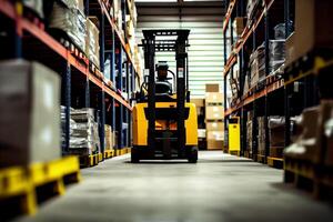 une chariot élévateur dans une logistique entrepôt. génératif ai photo