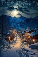 neigeux village à nuit avec une plein lune dans le ciel. génératif ai. photo