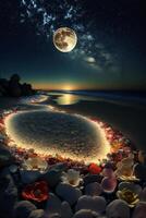 cercle de fleurs sur une plage avec une plein lune dans le Contexte. génératif ai. photo