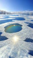 corps de l'eau entouré par neige couvert sol. génératif ai. photo