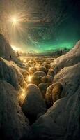 groupe de rochers séance sur Haut de neige couvert sol. génératif ai. photo