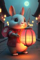 dessin animé lapin en portant une lanterne sur une rue. génératif ai. photo
