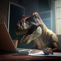dinosaure séance dans de face de une portable ordinateur. génératif ai. photo
