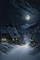 neigeux village à nuit avec une plein lune. génératif ai. photo