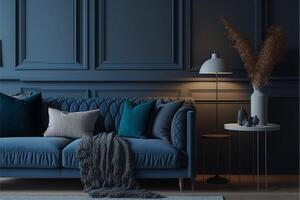 moderne confortable vivant pièce et foncé bleu mur texture. génératif ai photo