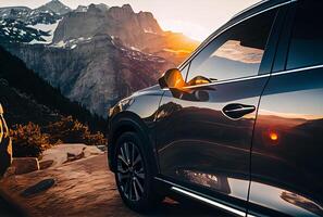 électrique suv voitures garé dans le vue point avec montagnes dans le Contexte. génératif ai photo